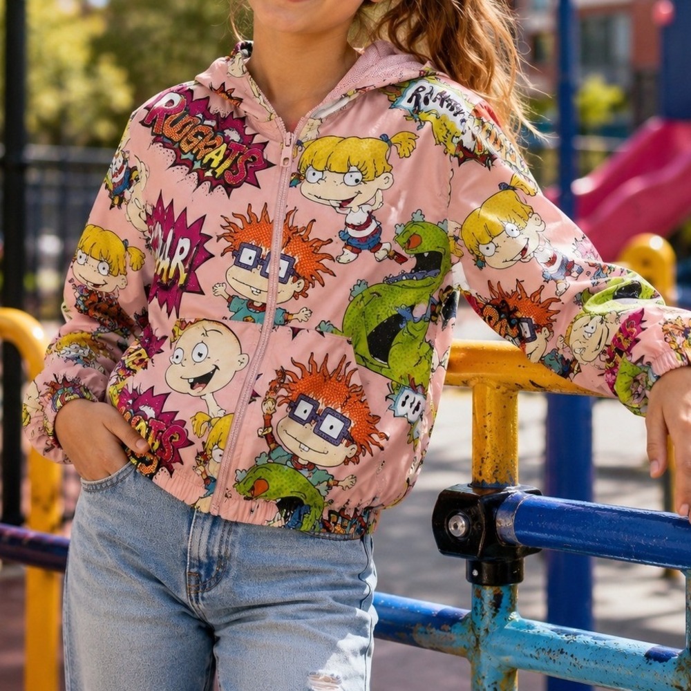 Nickelodeon Rugrats Pink Hooded Windbreaker Jacket Kids 14/16 Y2K 90s Cartoon